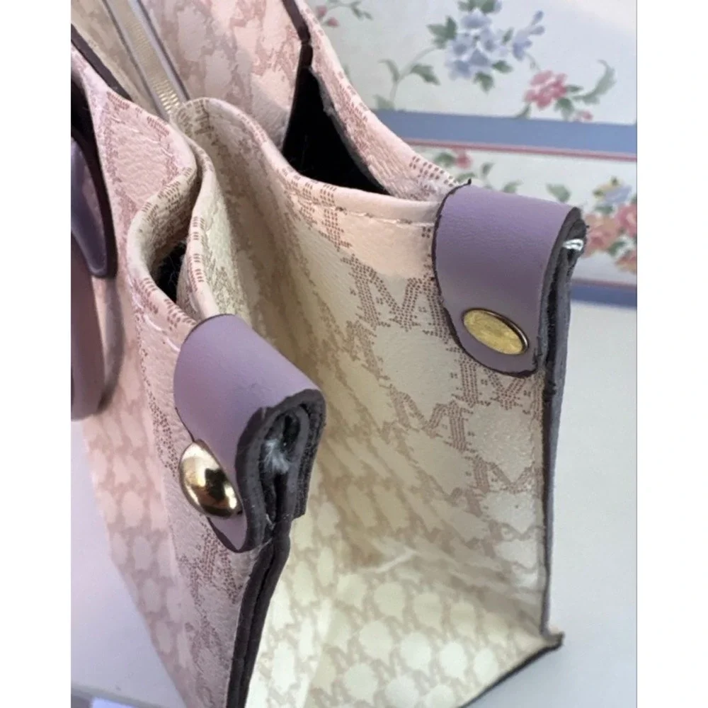 Mia K Farrow Collection Monogram Tote Bag Cream Lavender Purple Tan M Logo Large